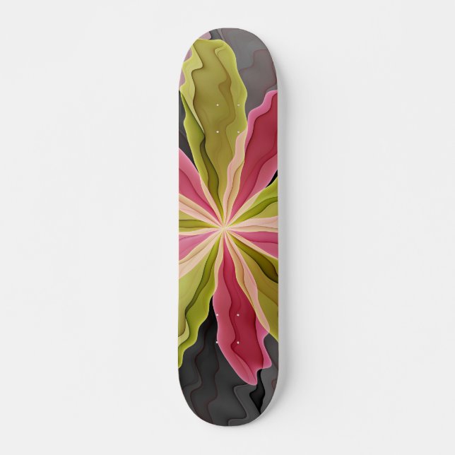Joy, Pink Green Anthracite Fantasy Flower Fractal Skateboard (Front)