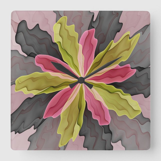 Joy, Pink Green Anthracite Fantasy Flower Fractal Square Wall Clock (Front)