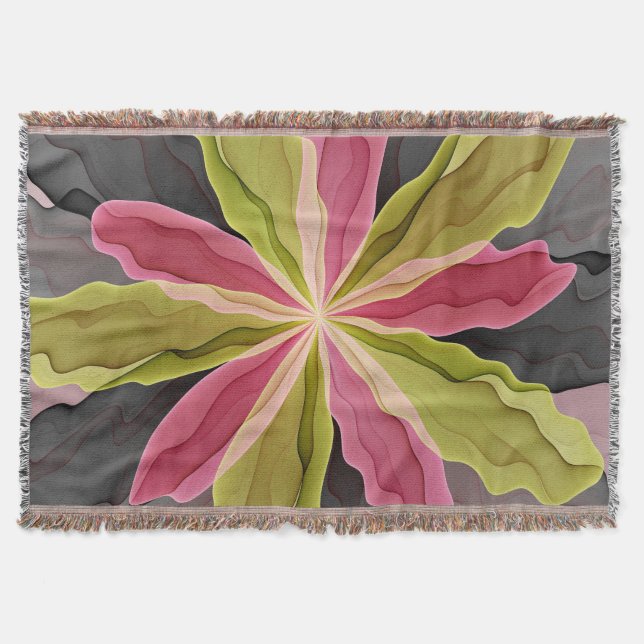 Joy, Pink Green Anthracite Fantasy Flower Fractal Throw Blanket (Front)