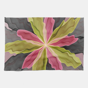 Joy, Pink Green Anthracite Fantasy Flower Fractal Towel