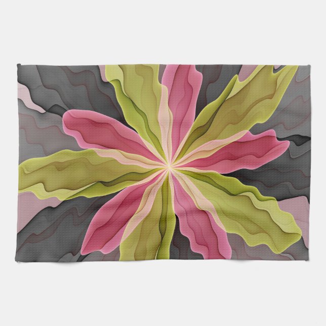 Joy, Pink Green Anthracite Fantasy Flower Fractal Towel (Horizontal)