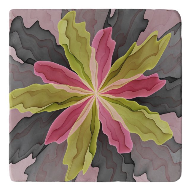 Joy, Pink Green Anthracite Fantasy Flower Fractal Trivet (Front)