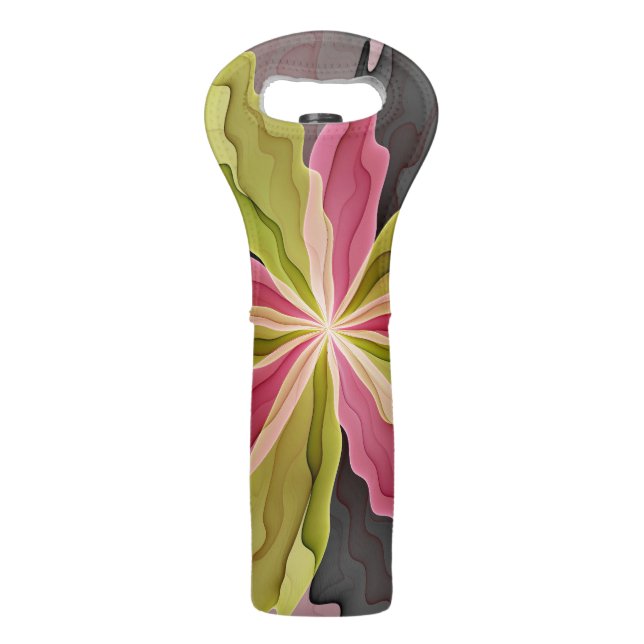 Joy, Pink Green Anthracite Fantasy Flower Fractal Wine Bag (Front)