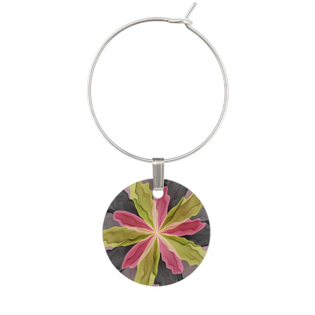 Joy, Pink Green Anthracite Fantasy Flower Fractal Wine Charm (Front)