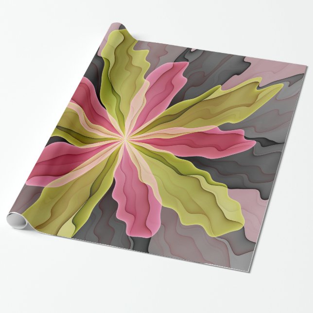 Joy, Pink Green Anthracite Fantasy Flower Fractal Wrapping Paper (Unrolled)