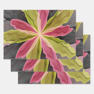 Joy, Pink Green Anthracite Fantasy Flower Fractal Wrapping Paper Sheets