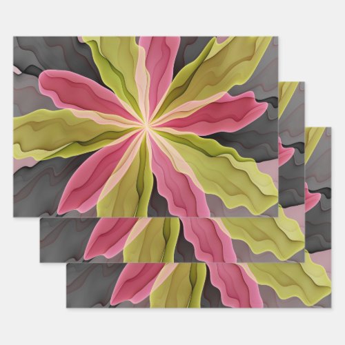 Joy Pink Green Anthracite Fantasy Flower Fractal Wrapping Paper Sheets