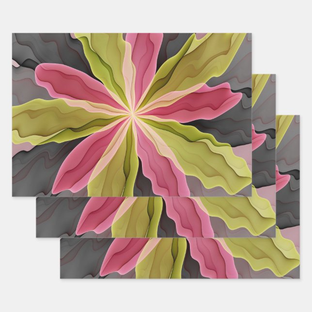 Joy, Pink Green Anthracite Fantasy Flower Fractal Wrapping Paper Sheets (Set)