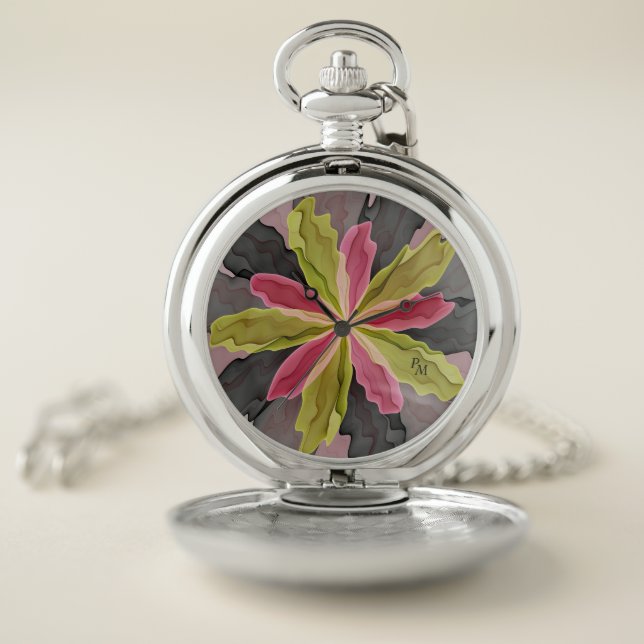Joy, Pink Green Anthracite Fantasy Flower Initials Pocket Watch (Inside)