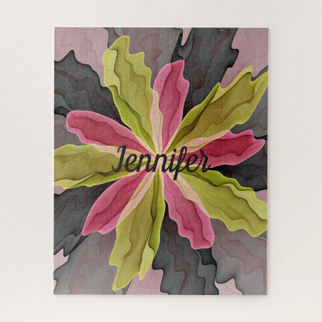 Joy, Pink Green Anthracite Fantasy Flower Name Jigsaw Puzzle (Vertical)