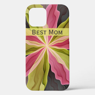 Joy, Pink Green Anthracite Flower Fractal Best Mom iPhone 12 Case