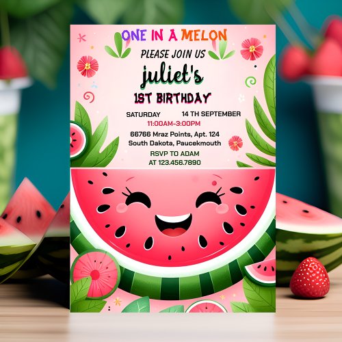 joy pink summer one in a melon first 1st birthday invitation