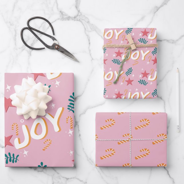Joy pink trendy christmas candy canes stars floral wrapping paper sheets (Front)