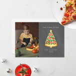 Joy Pizza Love Chalkboard Photo Holiday Card<br><div class="desc">Illustration of a Christmas tree shaped slice of pizza decorated with red and green toppings and a star on top.  Personalize the name,  year,  and photo.  Background is chalkboard inspired.</div>