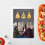 Joy Pizza Love Christmas Chalkboard Photo Holiday Card<br><div class="desc">Illustration of tree Christmas tree shaped pizza slices topped with stars.  Background is chalkboard inspired.  Personalize the name,  year,  and photo.</div>