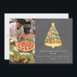 Joy Pizza Love Christmas Italian Chalkboard Photo Holiday Card<br><div class="desc">Illustration of Christmas tree shaped pizza slice topped with stars.  Background is chalkboard inspired. Personalize the name,  year,  and photo.</div>