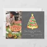 Joy Pizza Love Christmas Italian Chalkboard Photo Holiday Card<br><div class="desc">Illustration of Christmas tree shaped pizza slice topped with stars.  Background is chalkboard inspired. Personalize the name,  year,  and photo.</div>