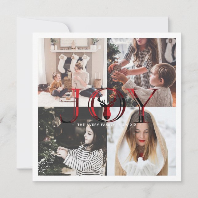 Joy Plaid 4 Photo Collage Holiday Card (Front)