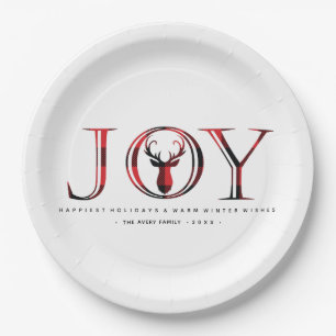Joy Plaid Personalized Christmas Paper Plates