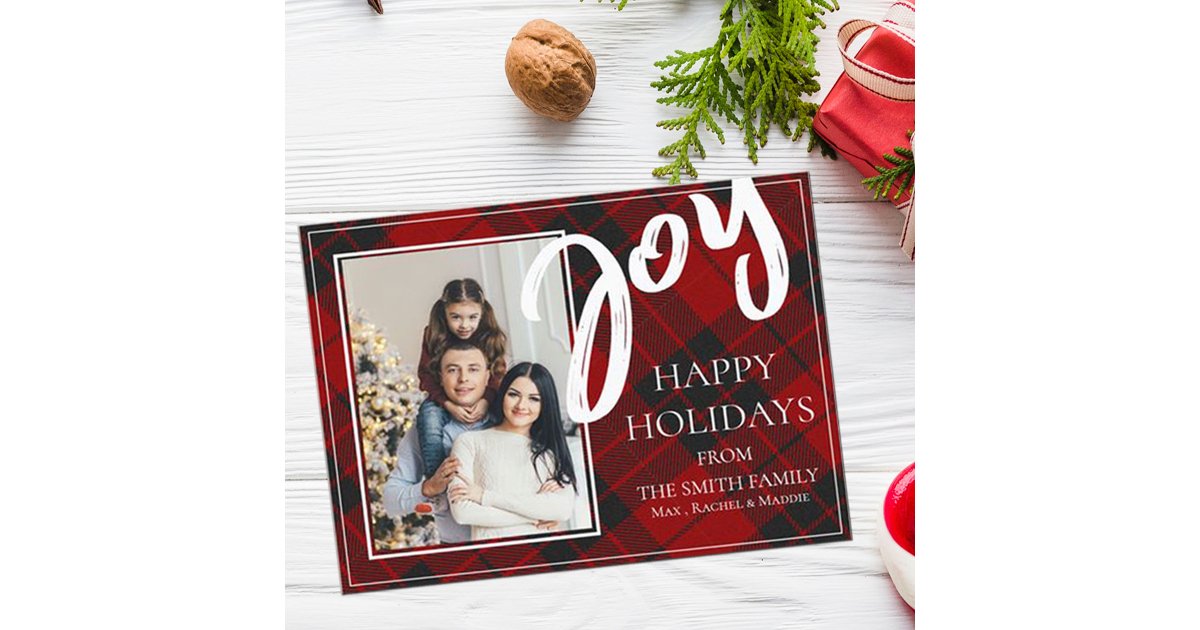 Joy | Plaid | Personalized Photo Flat Holiday Card | Zazzle