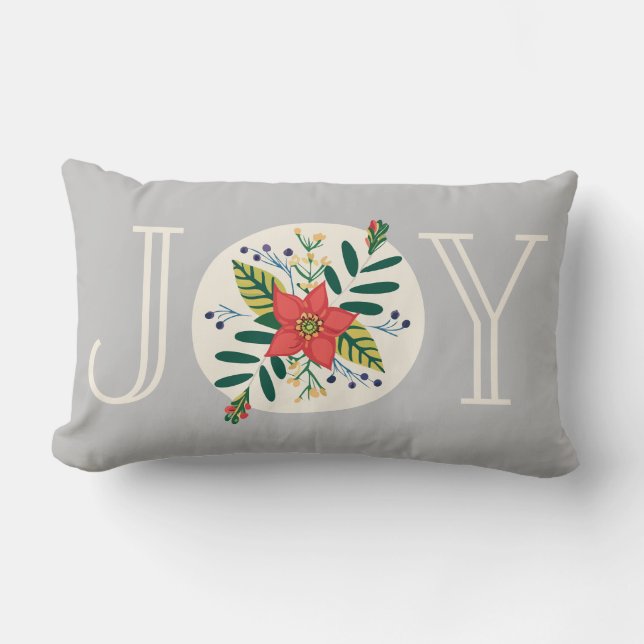 Joy Poinsettia Floral Gray Lumbar Pillow (Front)