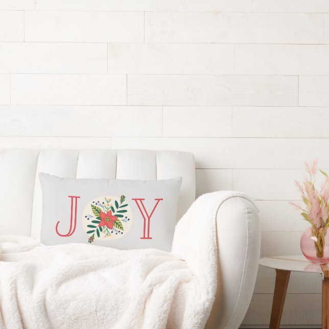Joy Poinsettia Floral Light Gray Lumbar Pillow (Couch)