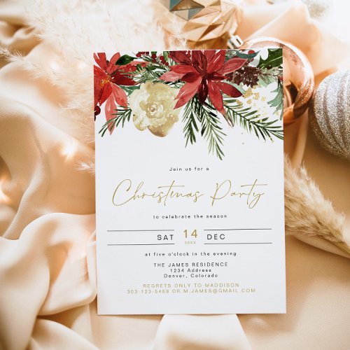 JOY Poinsettia Red Floral Holiday Party Invitation