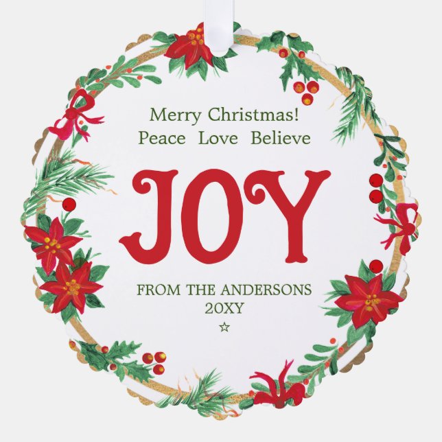 Joy Poinsettia Wreath Botanical Elegant Christmas Ornament Card (Front)