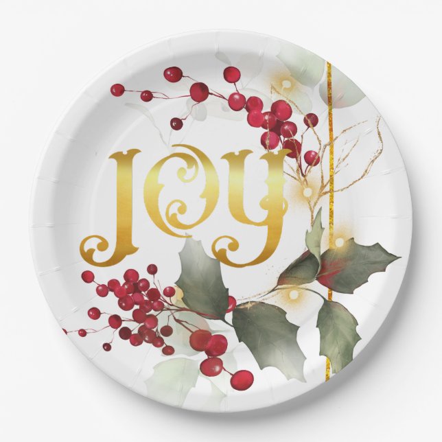 JOY Pointesettias Holly Berries Paper Plates (Front)