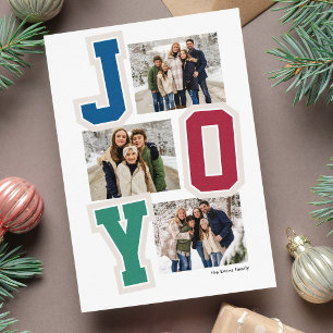 Joy preppy patches colorful three photo Christmas Holiday Card