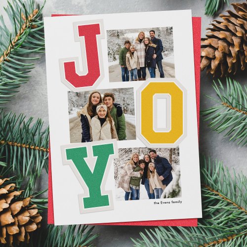 Joy preppy patches trendy three photo Christmas Holiday Card