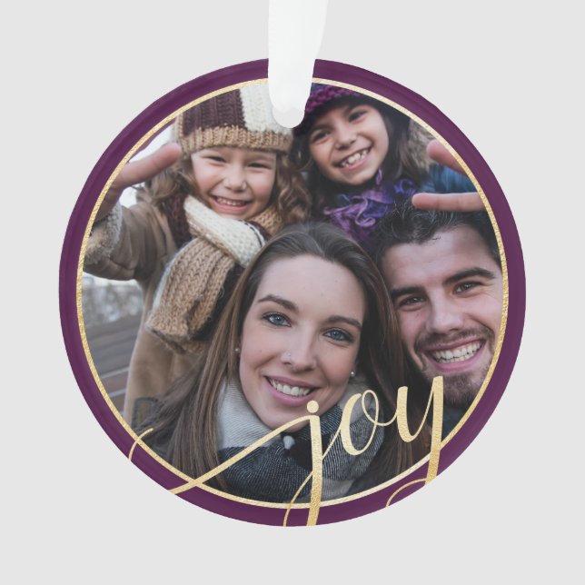 Joy Purple, Gold & Black Pine Tree Family Photo Ornament (Front)
