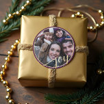 Joy | Purple & Gold Frame Christmas Family Photo Classic Round Sticker<br><div class="desc">Celebrate the magical and festive holiday season with our custom holiday photo stickers. Our modern & festive holiday design features the word "Joy" displayed in a faux gold color overplayed on the full photo layout. A simple purple and gold boarder frames the photo. You can customize the text size, text...</div>