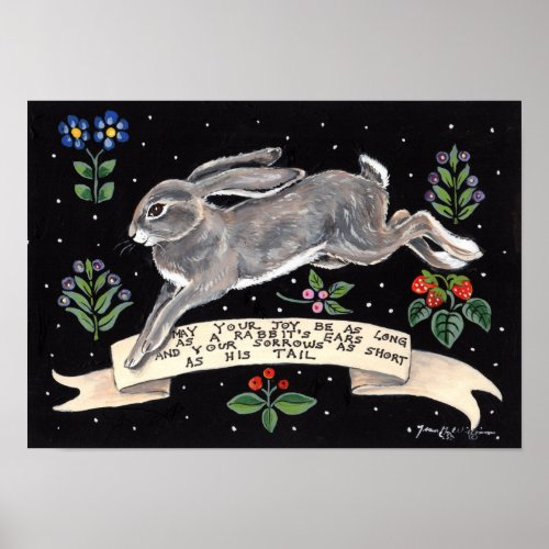 Joy Rabbit Inspirational Poster Black Floral Hare