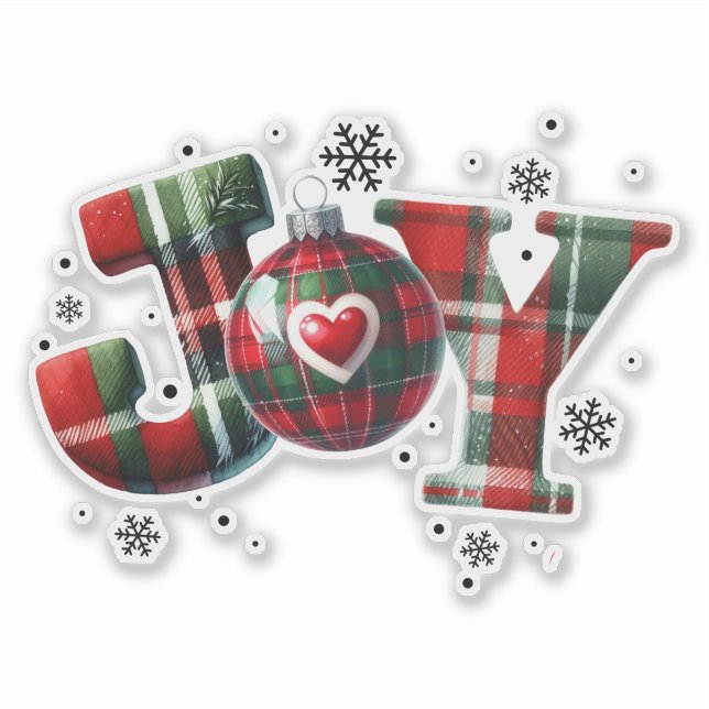 JOY- Red and Green Christmas Tartan Typography Sticker (Front)