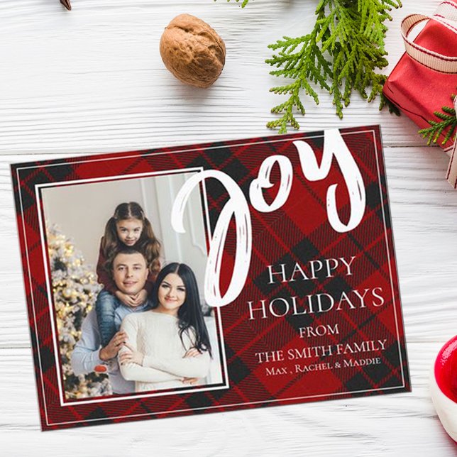 Joy Red Black Plaid Personalized Rustic Christmas Holiday Card (Creator Uploaded)