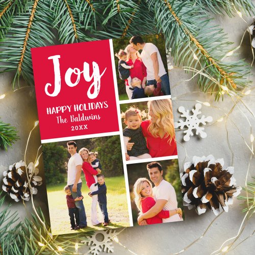 Joy Red Brushed Script Photo Collage Holiday Card