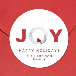 Joy Red Cardinal Watercolor Christmas Classic Round Sticker