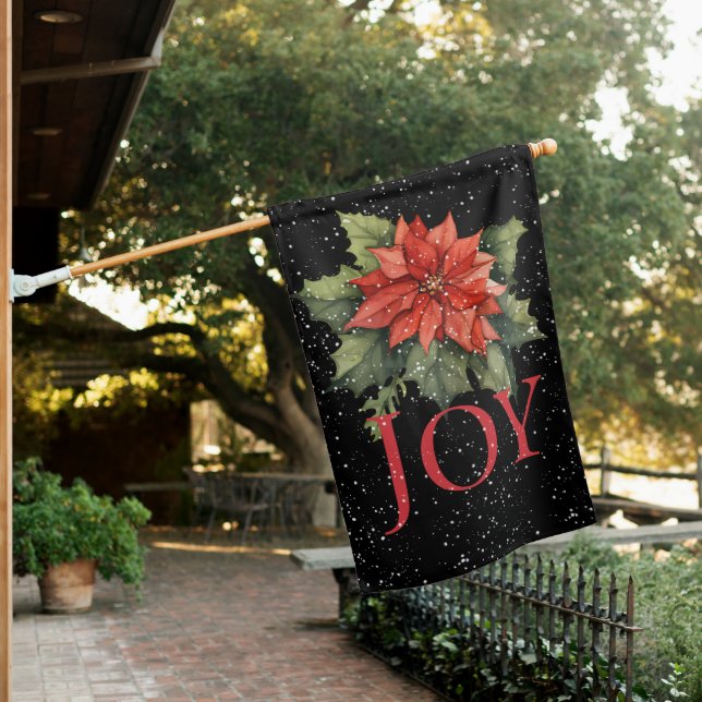 JOY, RED CHRISTMAS POINSETTIA on BLACK,  House Flag (In SItu)