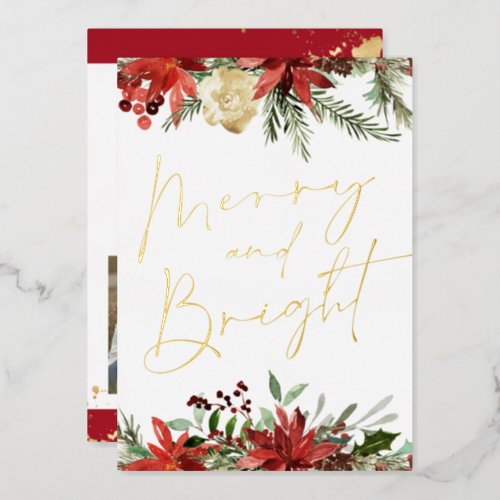 JOY Red Floral Poinsettia Gold Photo Holiday Card