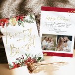JOY Red Floral Poinsettia Gold Photo Holiday Card<br><div class="desc">This holiday greeting card features watercolor poinsettias,  winter green pine,  and an elegant golden font. Easily edit *most* wording and update the photographs to update your friends and families this holiday season.</div>
