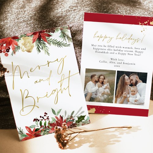 JOY Red Floral Poinsettia Gold Photo Holiday Card