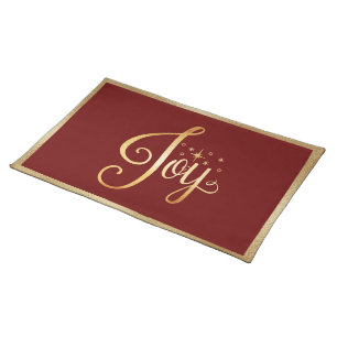 “Joy” Red Gold Script Elegant Christmas Holiday Cloth Placemat