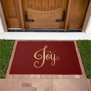 “Joy” Red Gold Script Elegant Christmas Holiday Doormat