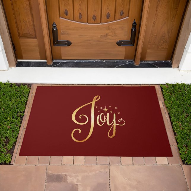 “Joy” Red Gold Script Elegant Christmas Holiday Doormat (Outdoor)