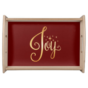 “Joy” Red Gold Script Elegant Christmas Holiday Serving Tray