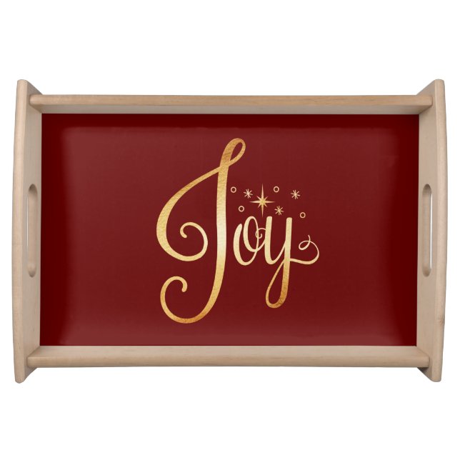 “Joy” Red Gold Script Elegant Christmas Holiday Serving Tray (Front)