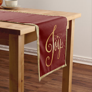 “Joy” Red Gold Script Elegant Christmas Holiday Short Table Runner