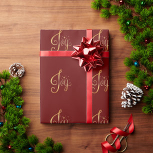 “Joy” Red Gold Script Elegant Holiday Seasonal Wrapping Paper