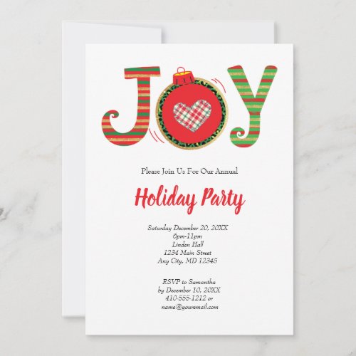 Joy Red Green Christmas Holiday Party Invitation